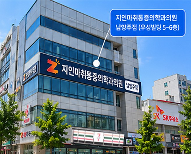 지인마취통증의학과의원 남양주점이 있는 우성빌딩 외관. 5~6층에 의원 간판, 1층에 편의점이 있다
